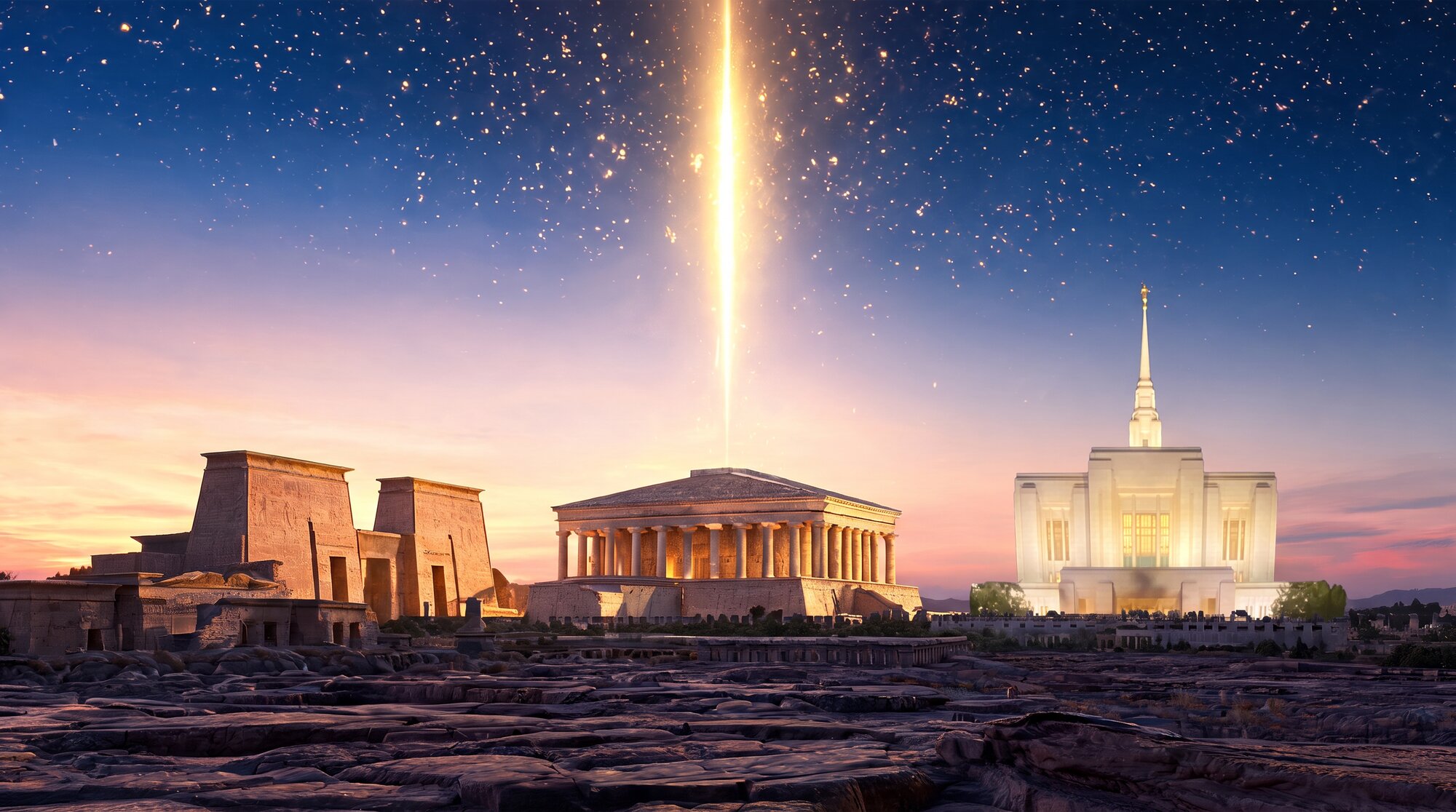 Three sacred temple traditions united by divine light — an ancient Egyptian pylon temple, a Greek-columned stone temple, and the modern Ogden Utah Temple