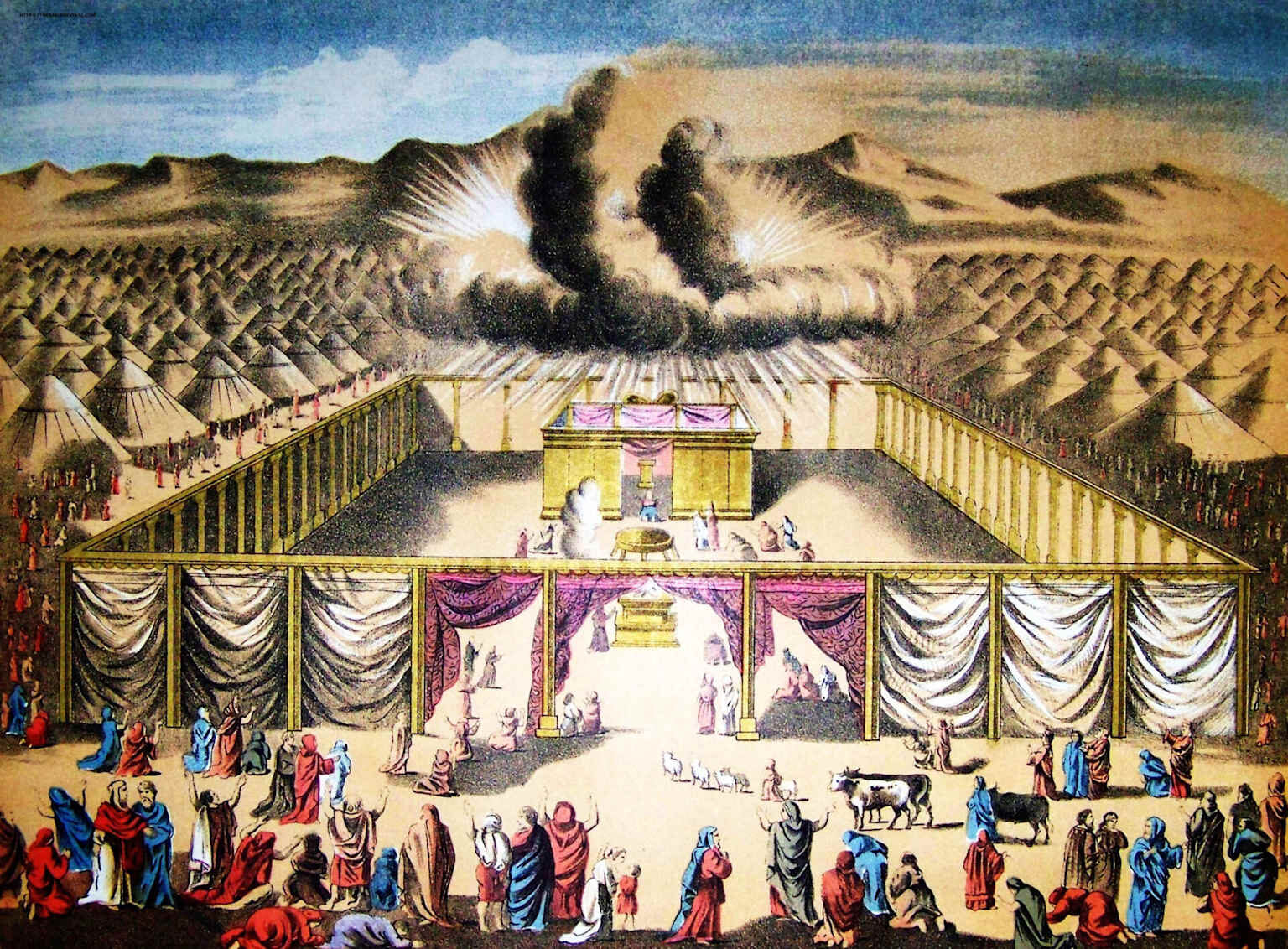 Historical illustration of the biblical Tabernacle surrounded by the Israelite camp with divine glory cloud above